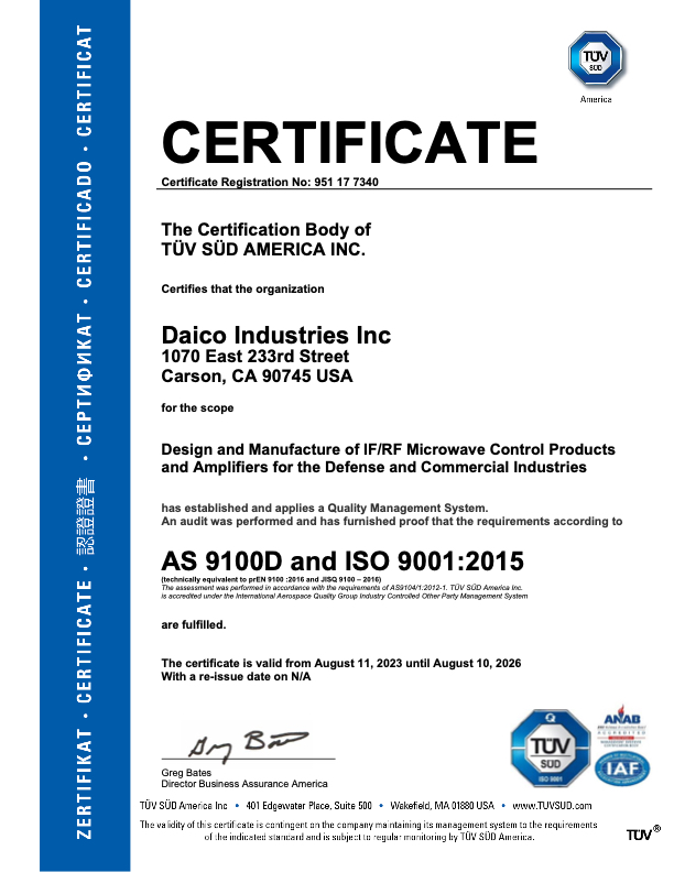 2023.08.09 Daico Industries Single Site AS9100D And ISO 9001 2015 SM