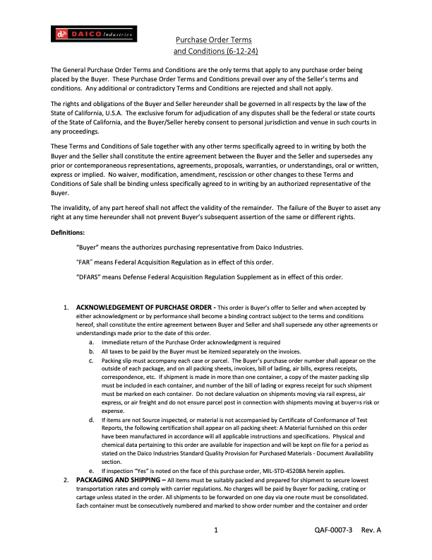 QAF 0007 3 Purchase Order Terms And Conditions Rev A