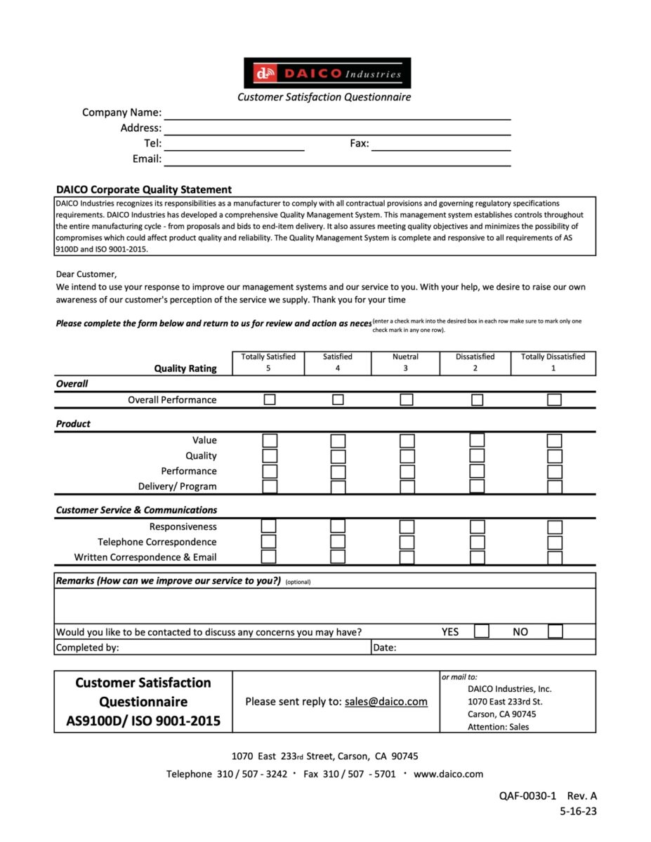 Customer Satisfaction Questionnaire Rev A